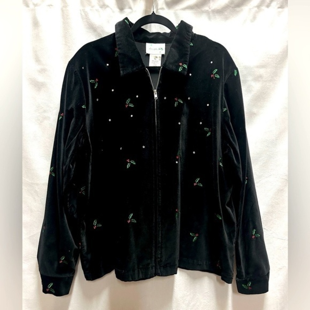 Quacker Factory Black Velvet Christmas Holly Zip Up Jacket XL Ugly Christmas